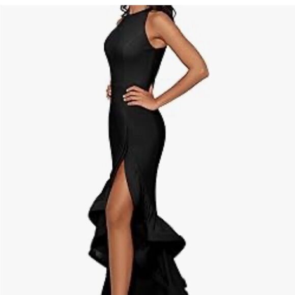 Betsy & Adam A22845 "ARIELLE" SCUBA CREPE RUFFLE SLIT GOWN size 12 - Picture 4 of 8